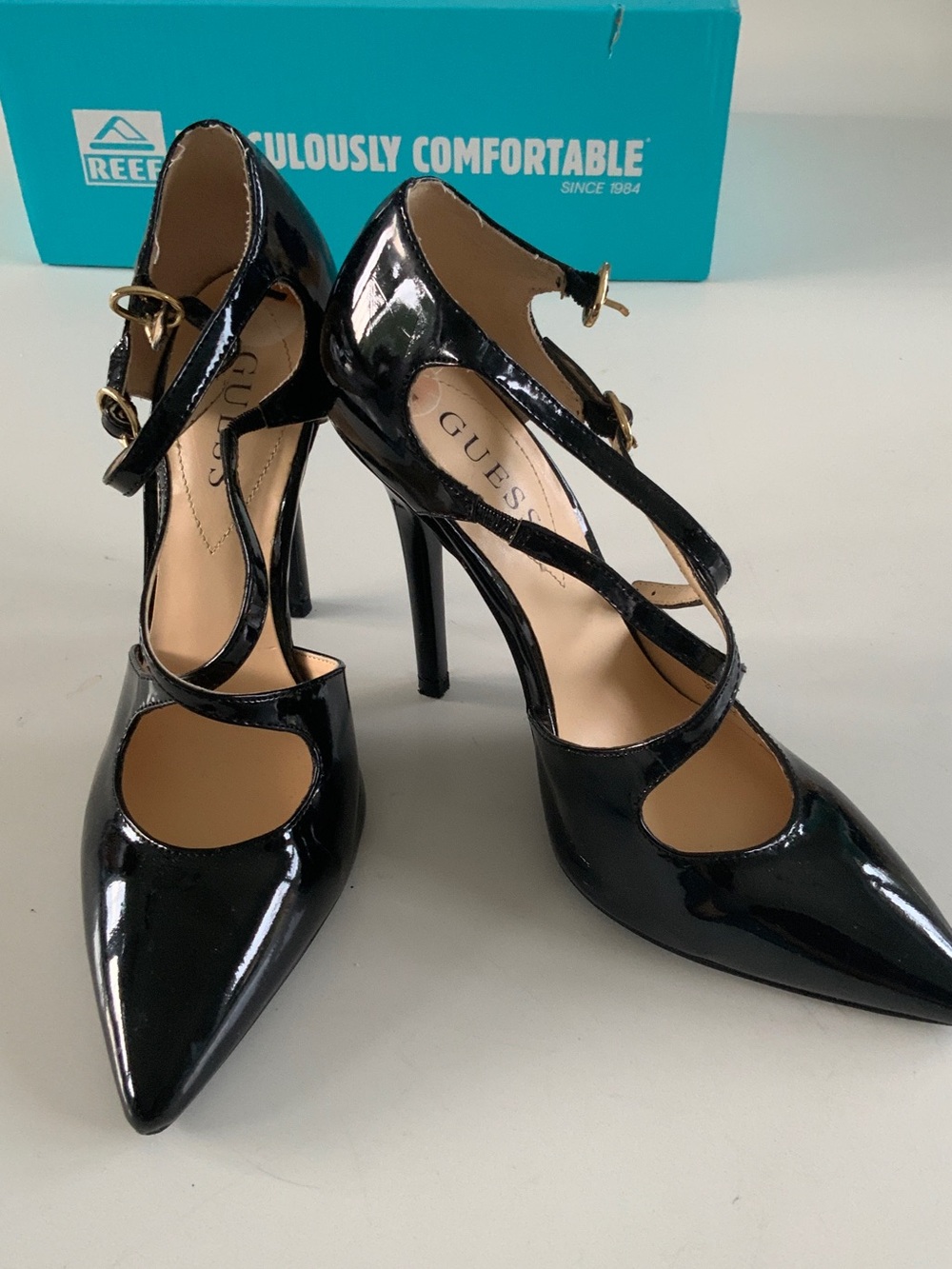GUESS Black Patent Pointed Cross-Strap Stiletto Heels